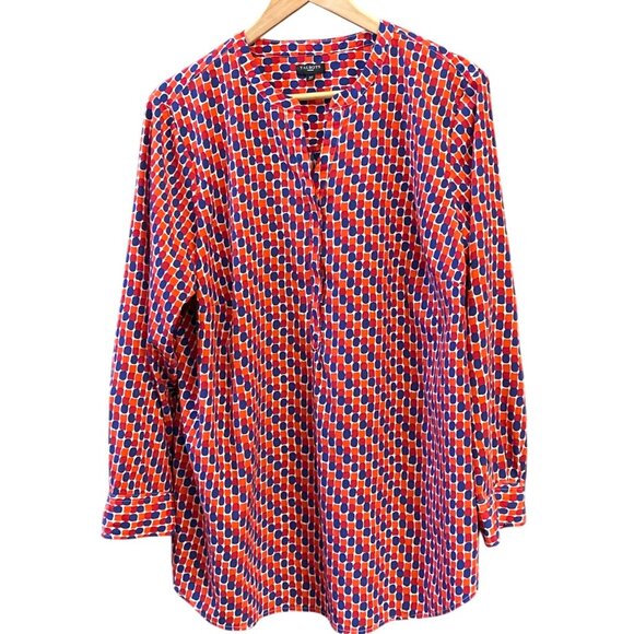 Talbots Geometric Red Blue Print Long Sleeve Button Blouse Classic Chic Top 2X - Picture 1 of 7